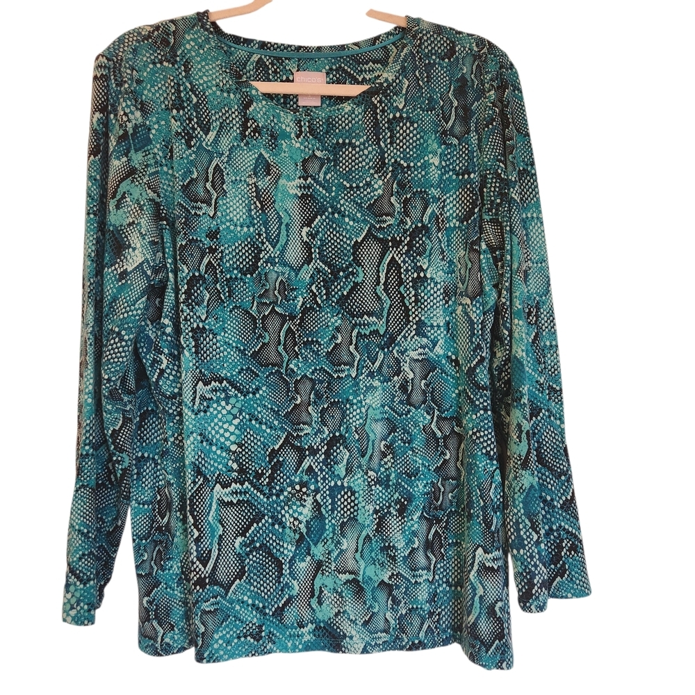 Chico's Long Sleeve Teal Green/Black Reptile Print Long Sleeve Tee Size XL (3)